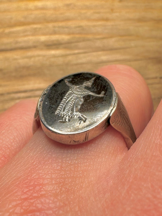 Vintage Siam Black Enamel Rotating Face 925 Sterling Silver Size T Ring