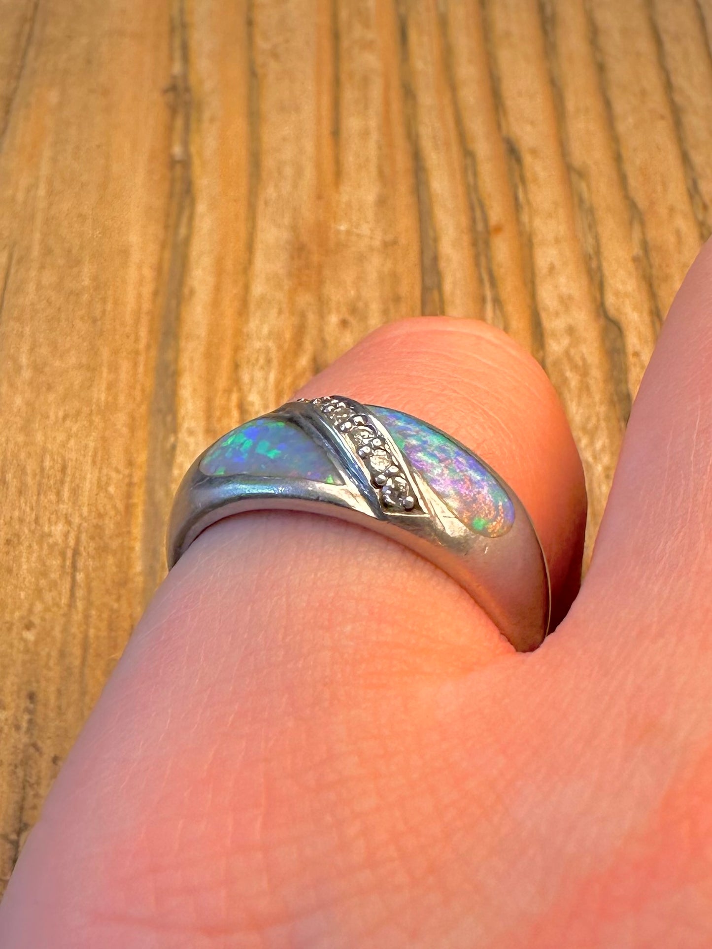 Opal Inlay and White CZ 925 Sterling Silver Size O Ring