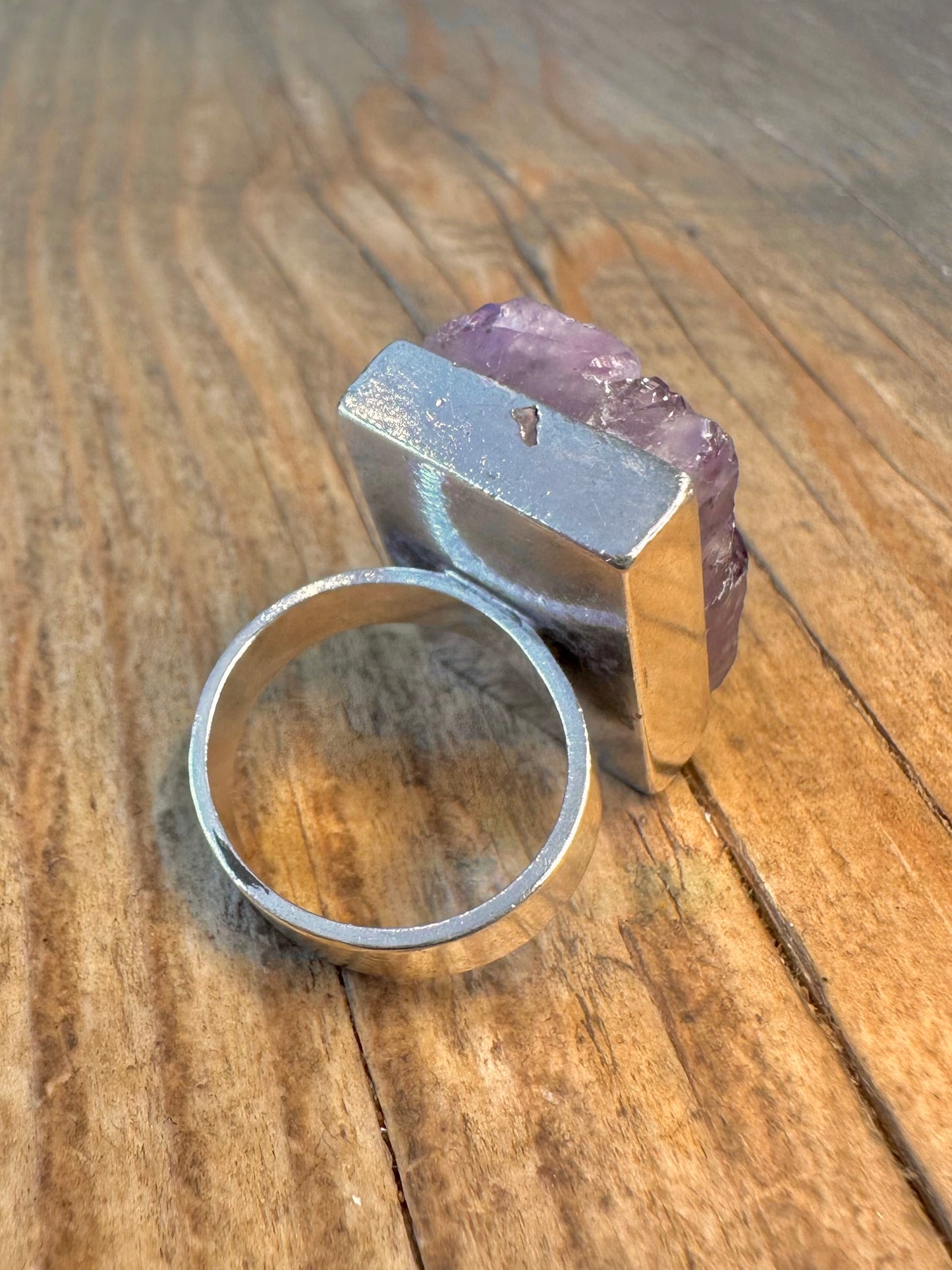 Stunning 1971 Rectangle Raw Amethyst 925 Sterling Silver Size M Ring