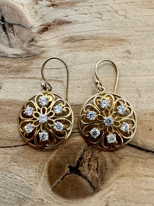 Modern Circle CZ Floral Indian Gold on 925 Silver Earrings