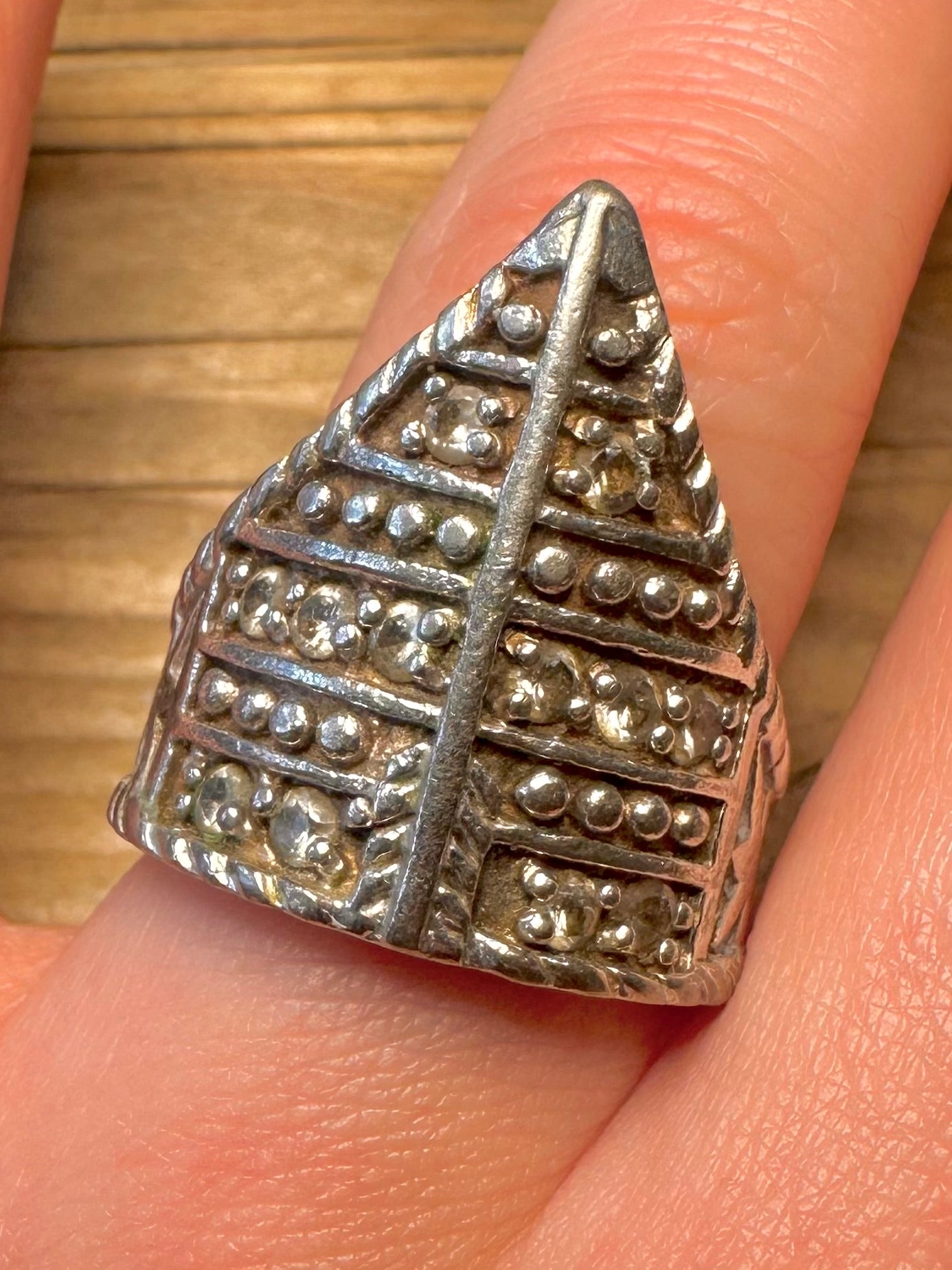 Vintage Tribal Triangle White Stones 925 Sterling Silver Size P1/2 Ring