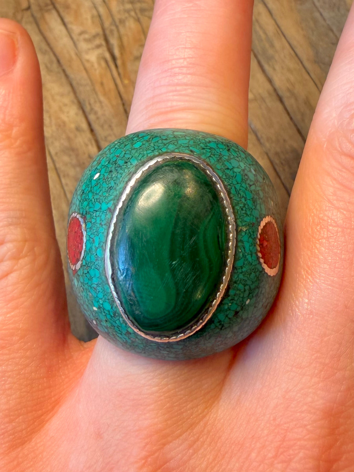 Chunky Turquoise Malachite and Coral Inlay 925 Sterling Silver Size P1/2 Ring