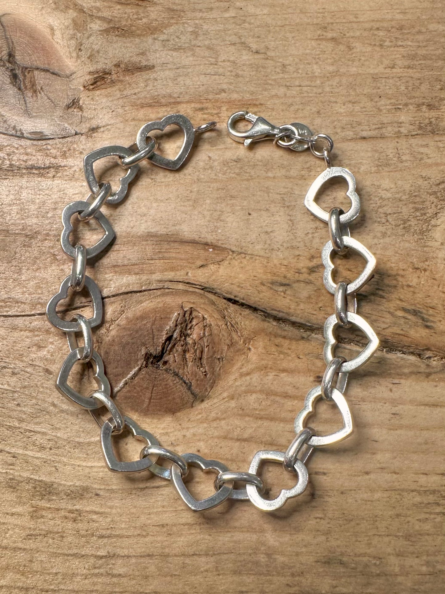 Vintage Heart Link 925 Silver 7.4 inch Bracelet