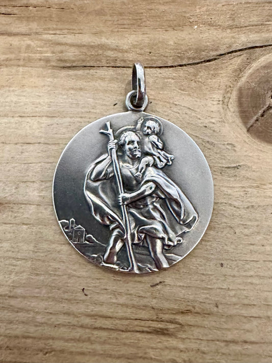 Vintage Large St Christopher 1973 RR Maker 925 Silver Pendant