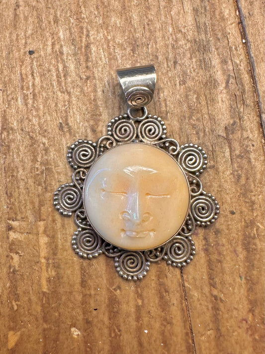 Cream Stone Moon Face Swirl 925 Sterling Silver Pendant