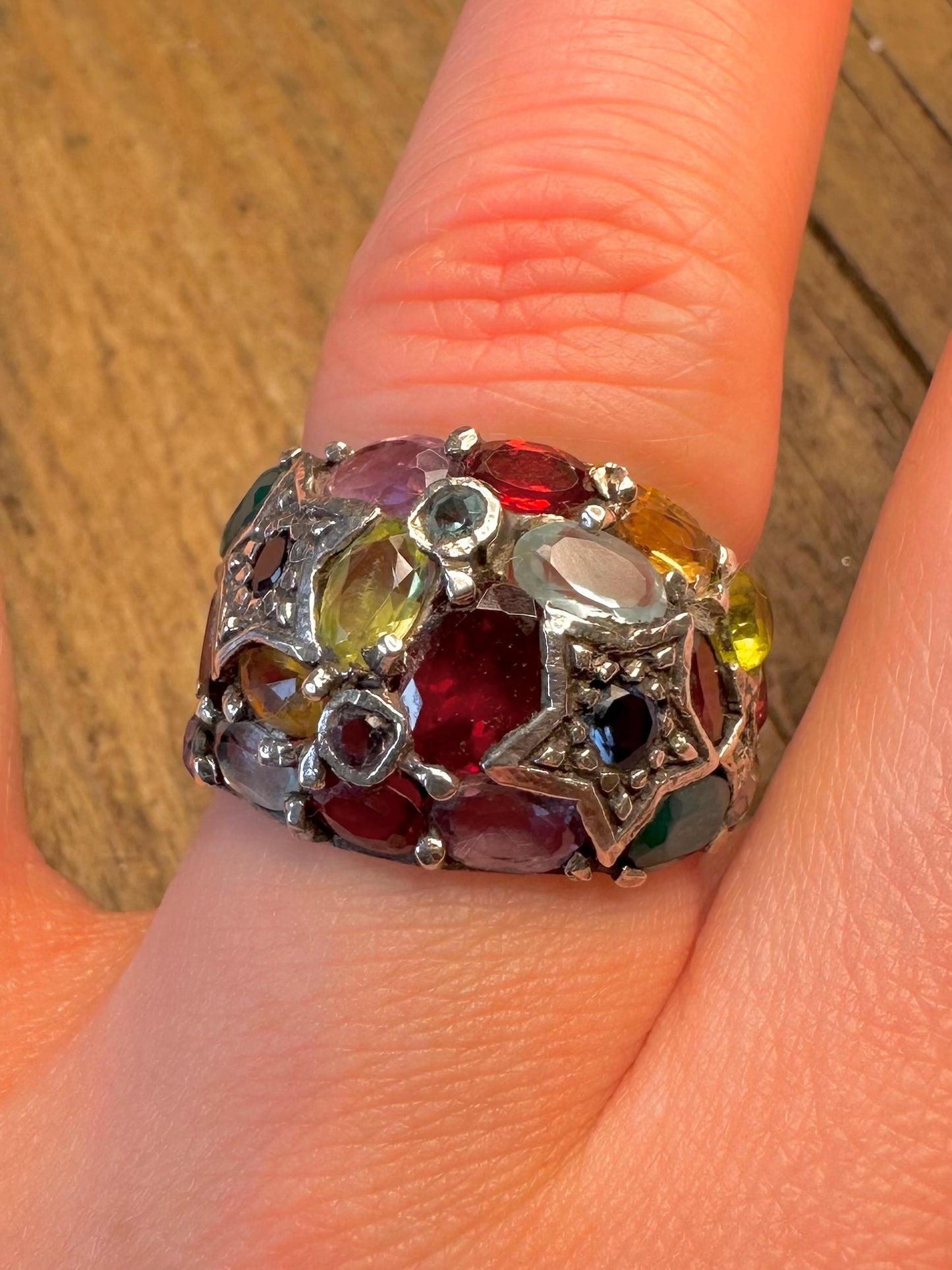 Multi Gemstone Star Dome 925 Sterling Silver Size N Ring