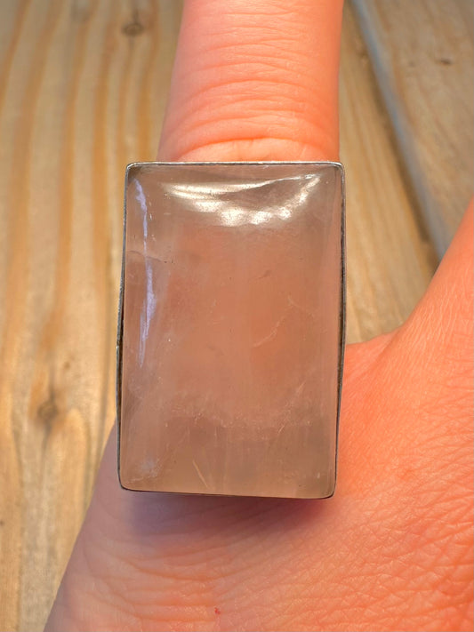 Vintage Rose Quarts Rectangle 925 Silver Size M1/2 Ring