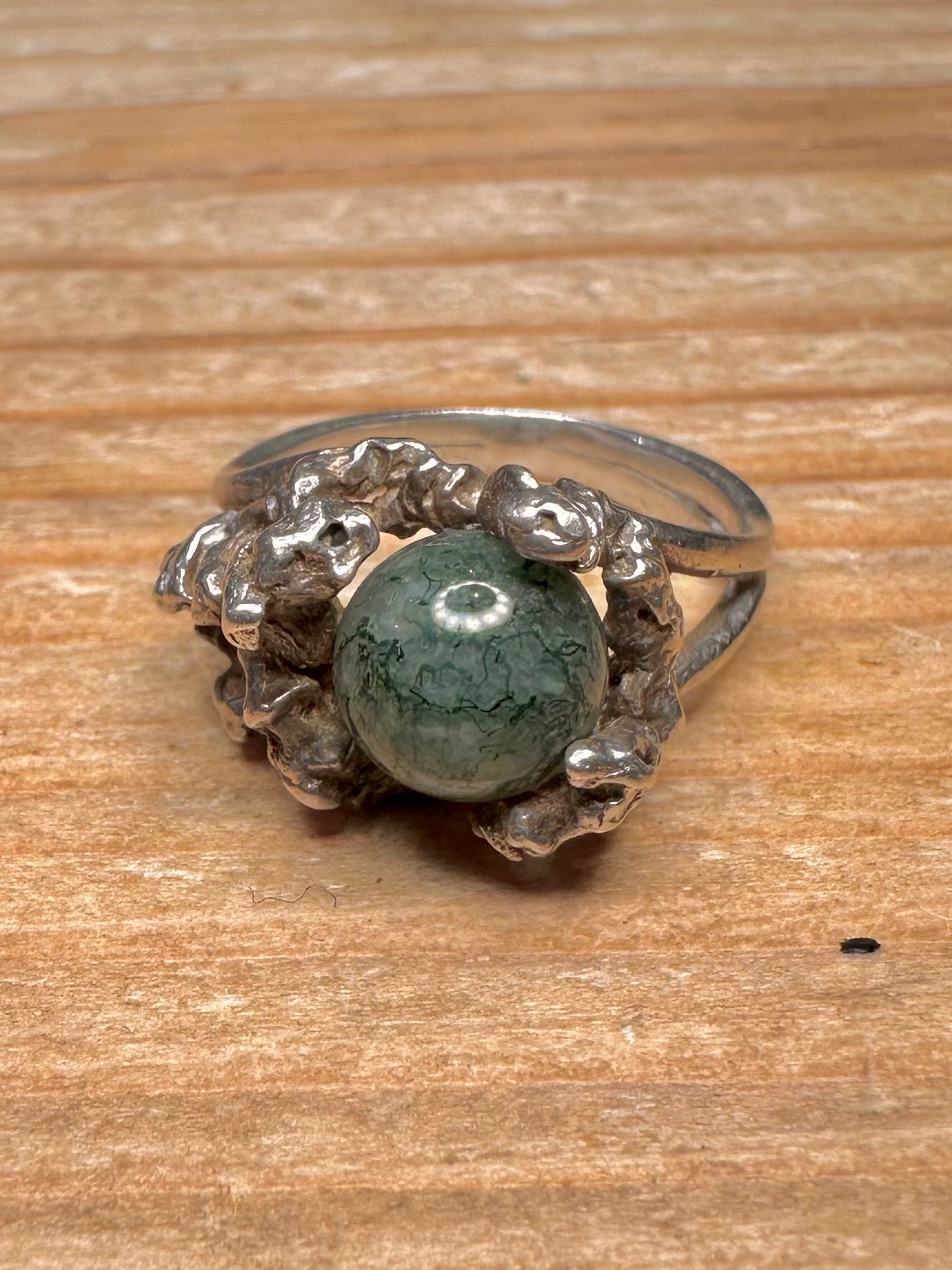 Brutalist Moss Agate Ball 925 Sterling Silver Size O1/2 Ring