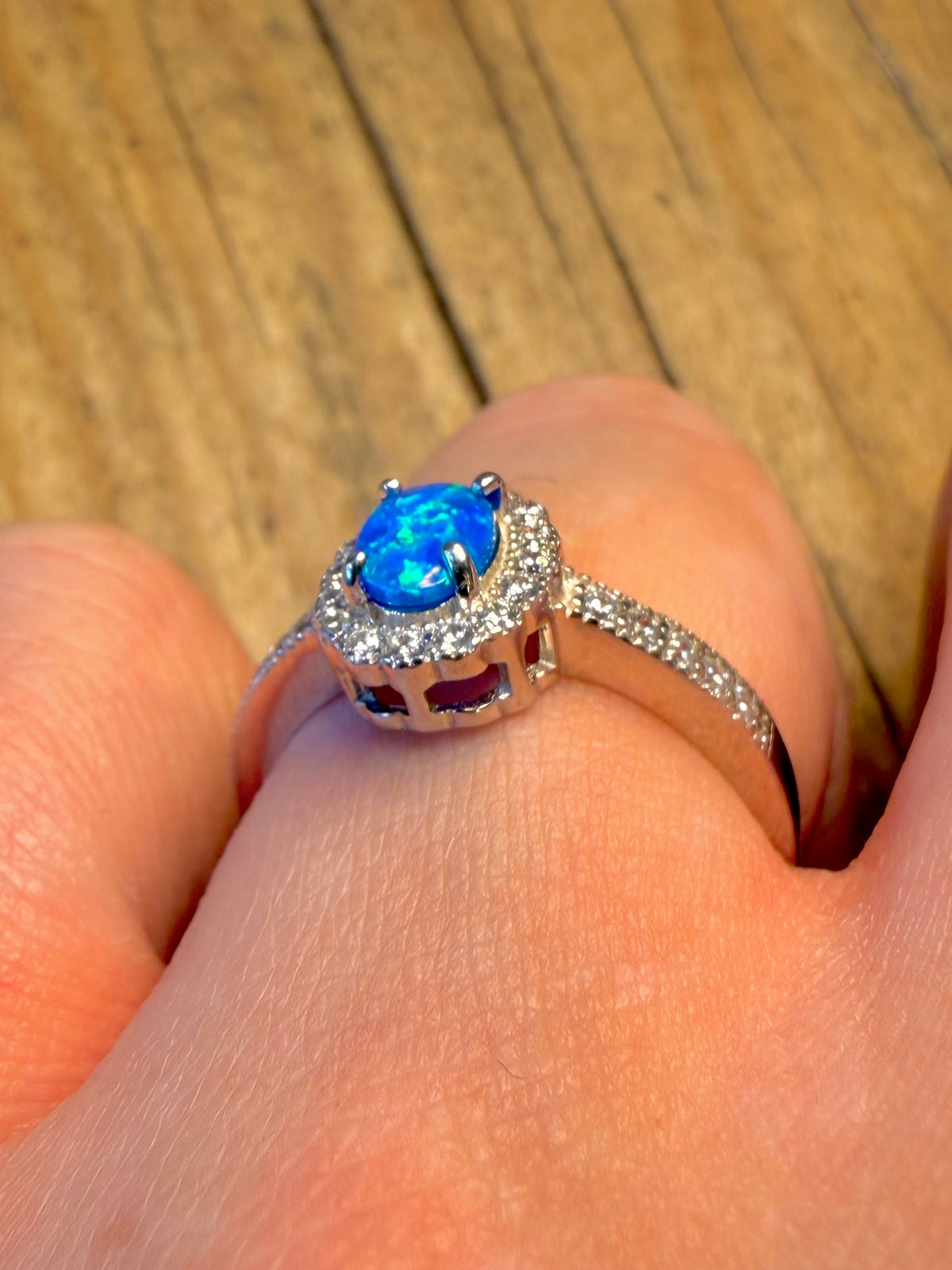 Blue Opal and White CZ 925 Sterling Silver Size Q Ring