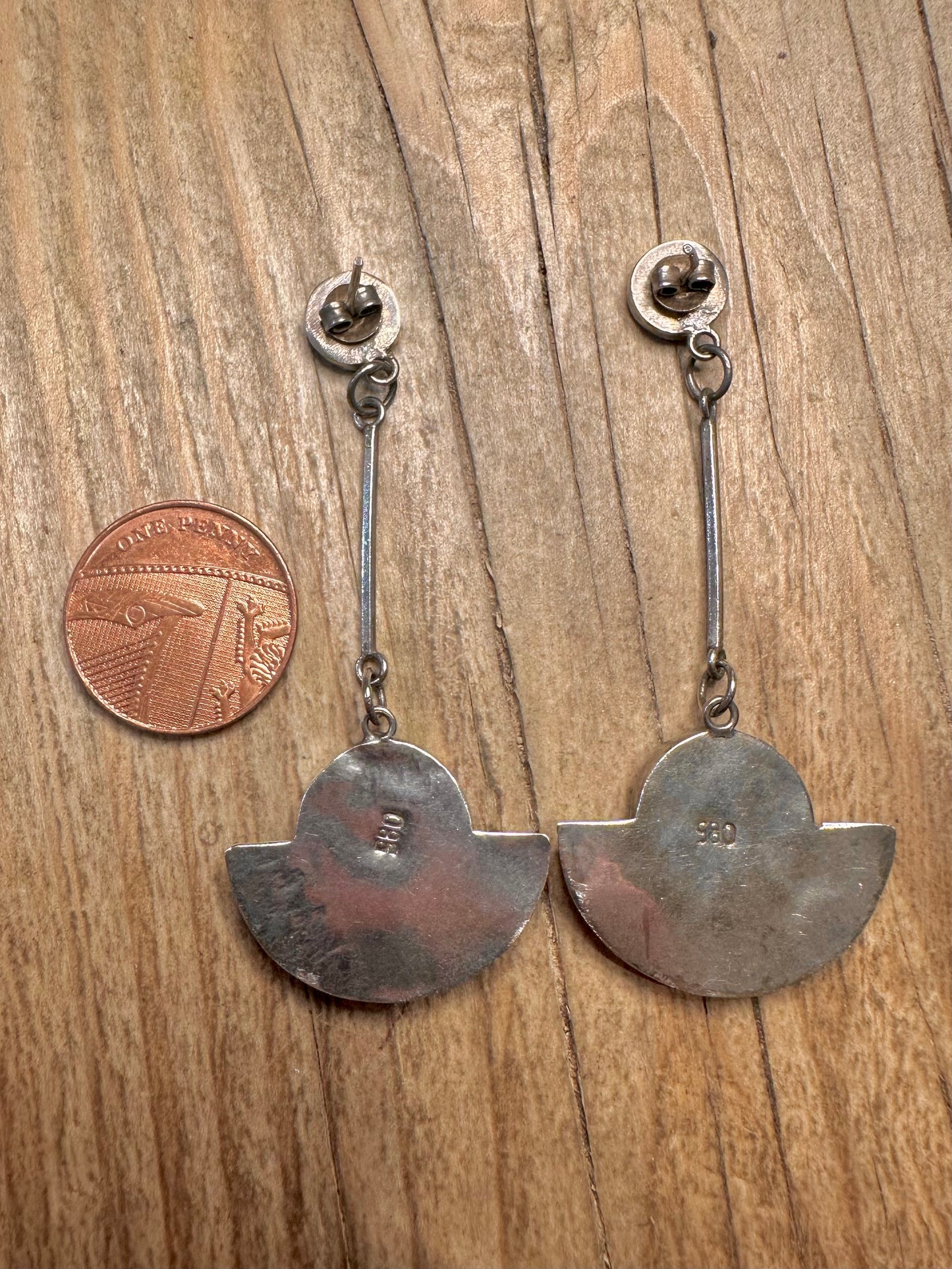 Vintage Art Deco Green Stone Dangle 980 Silver Earrings