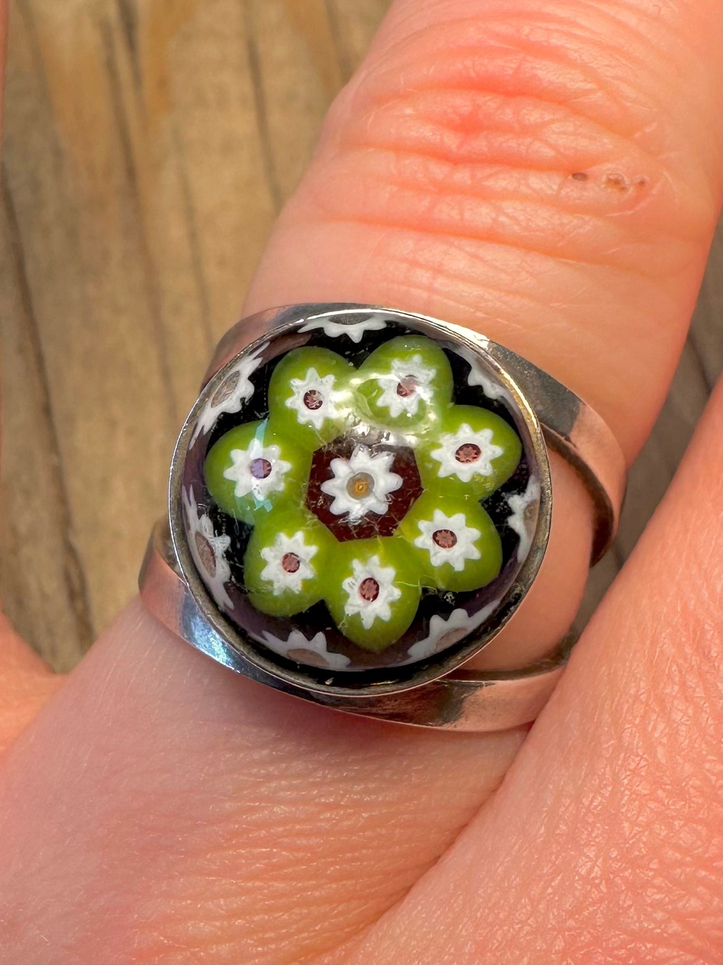 Vintage Millefleur Glass 925 Sterling Silver Size P Ring