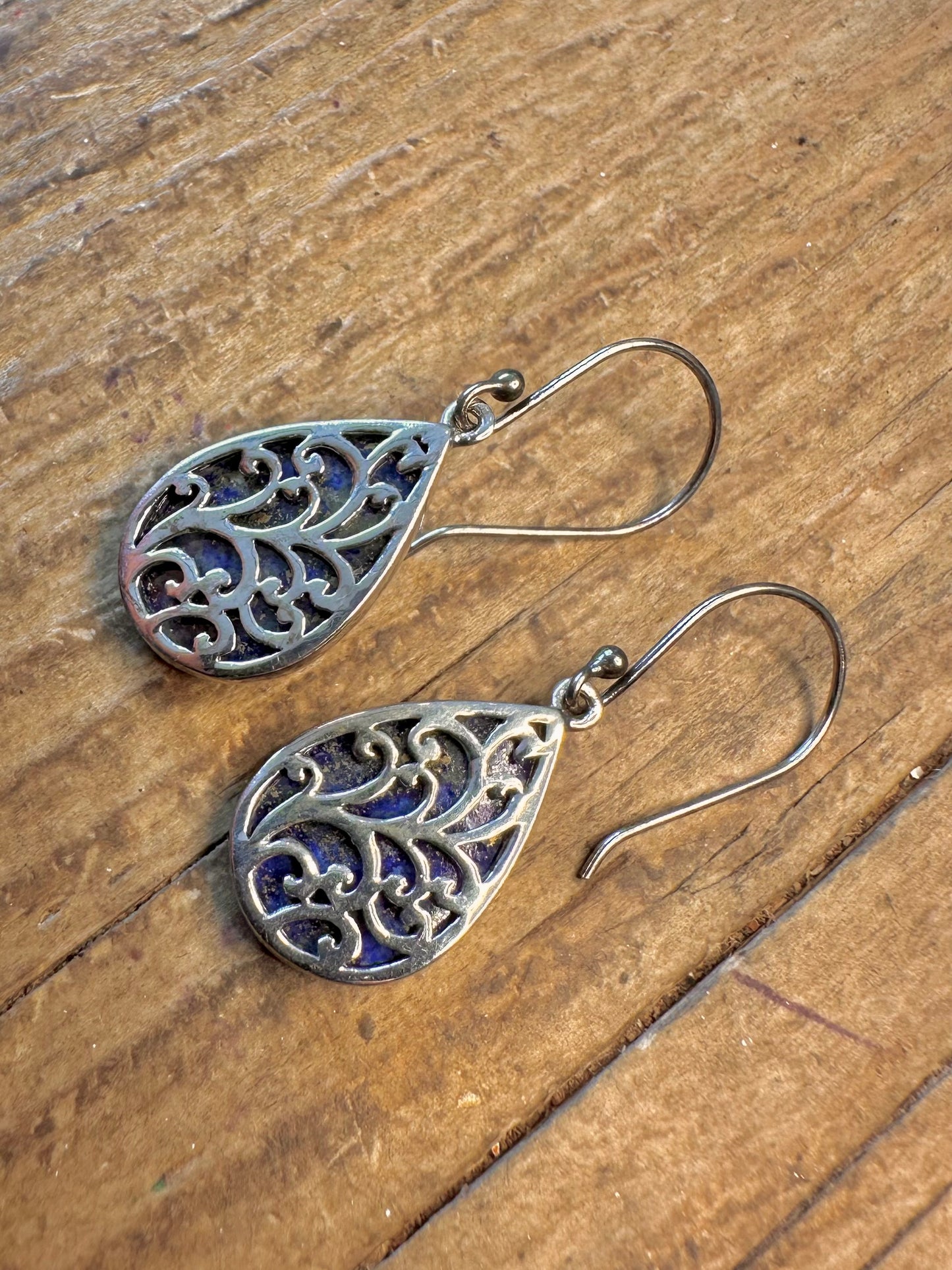 Lapis Filigree Tear Drop 925 Sterling Silver Earrings