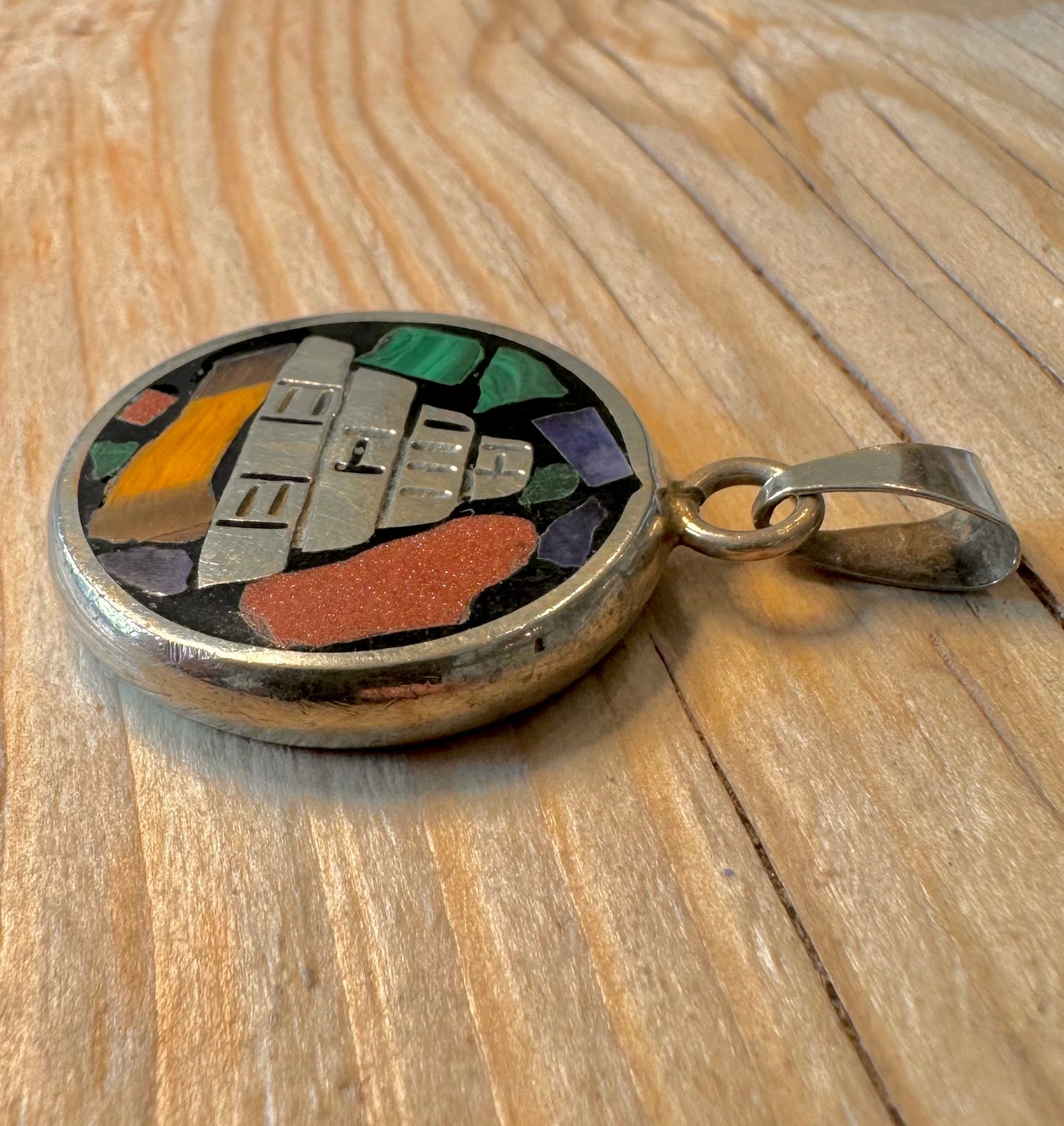 Vintage Aztec Multi Gemstone Calendar 925 Silver Pendant