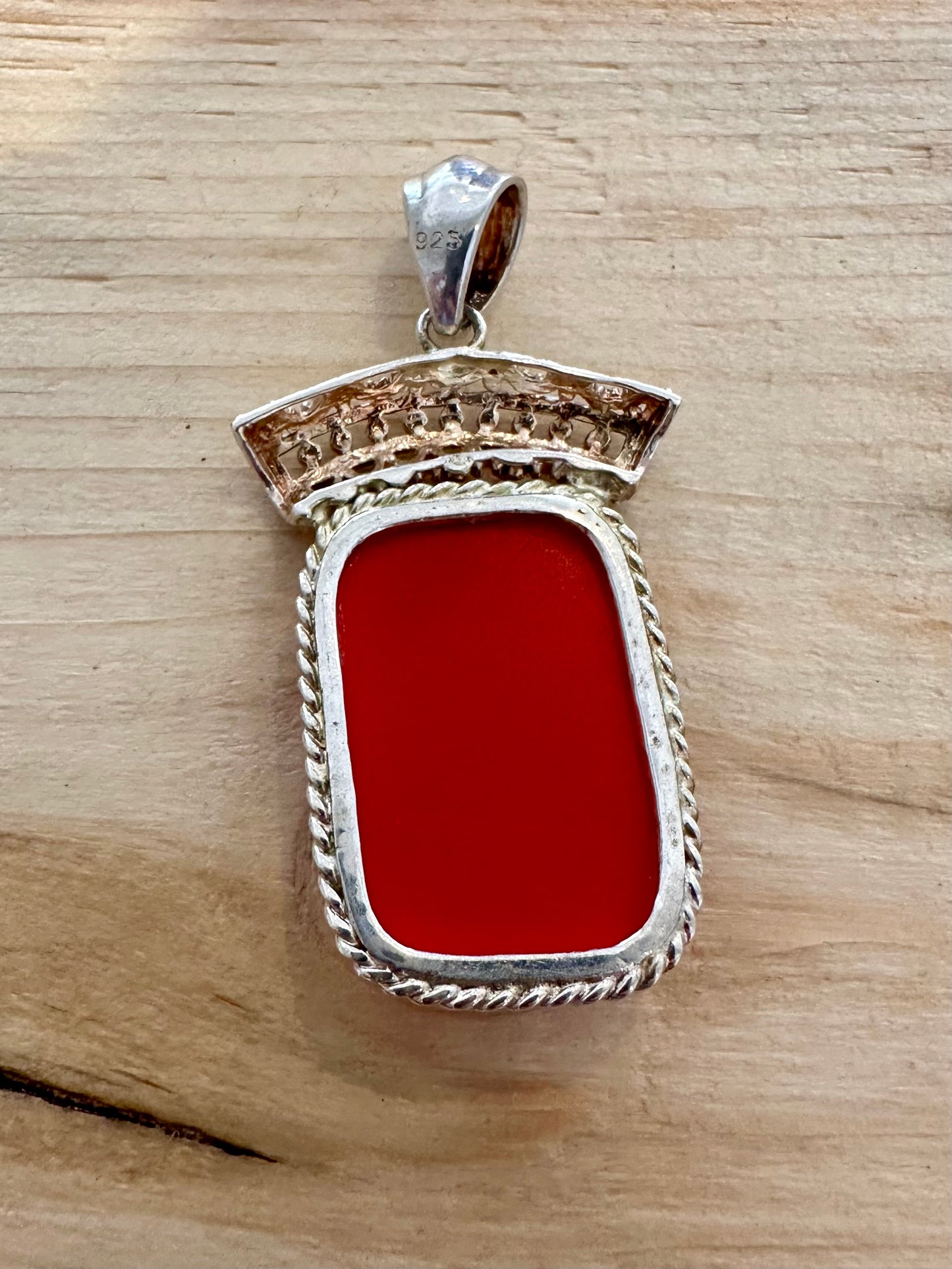 Vintage Large Red Ornate 925 Silver Pendant