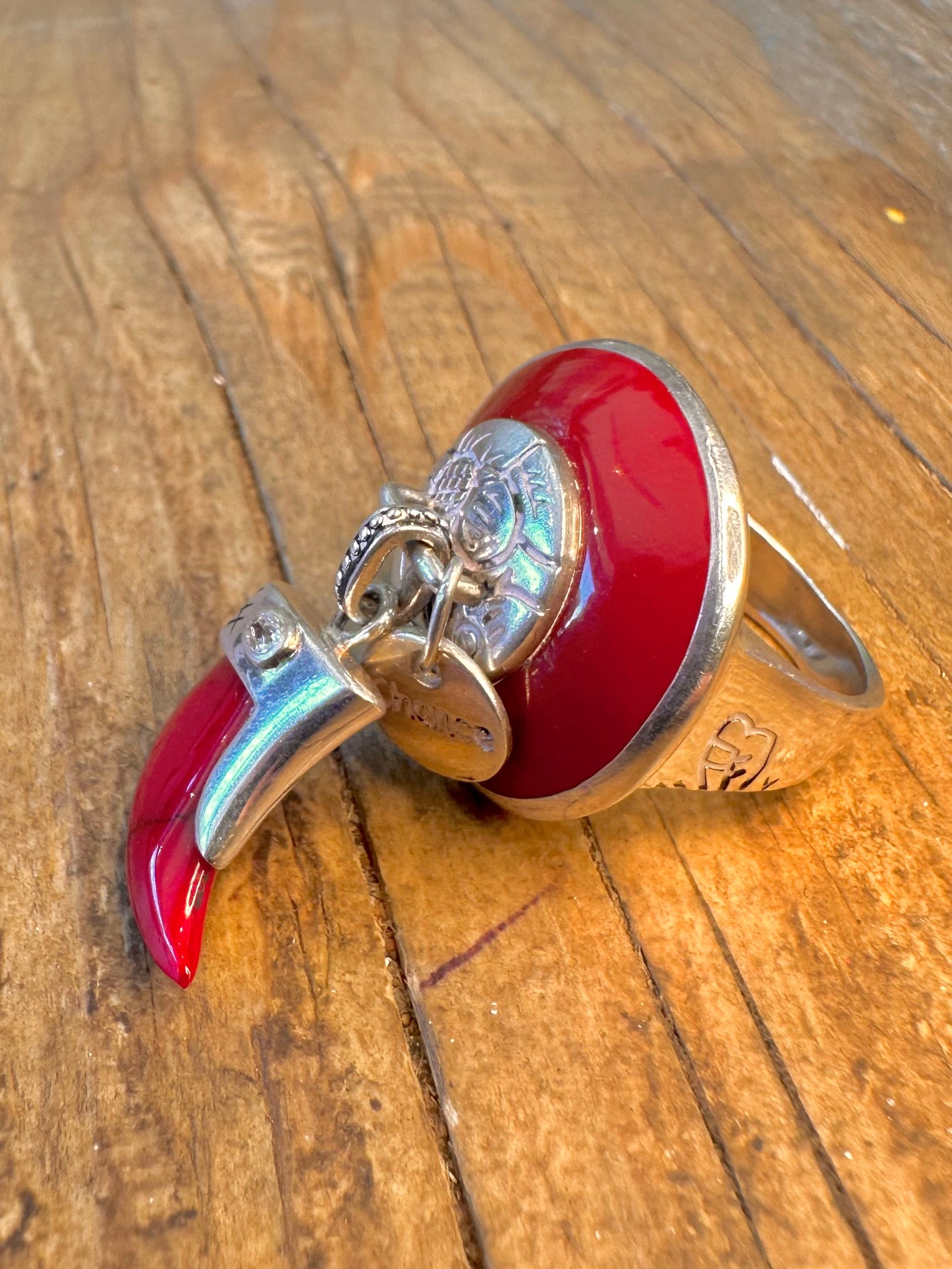 Chunky Red Horn Charm Ring 925 Sterling Silver Size O1/2 Ring
