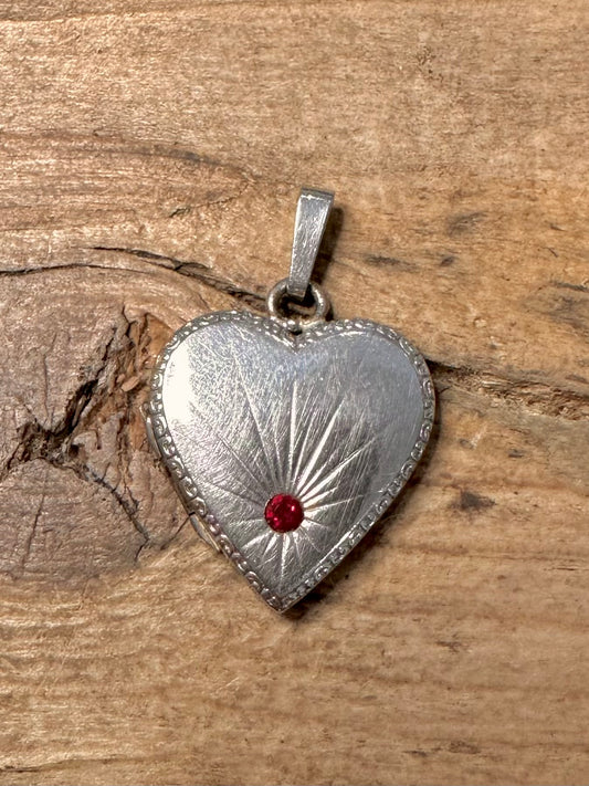 Vintage Heart Red Stone Locket 925 Silver Pendant