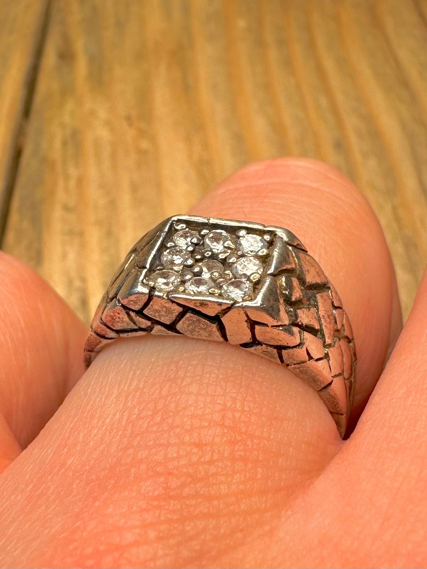 Vintage CZ Signet Textured 925 Sterling Silver Size P Ring
