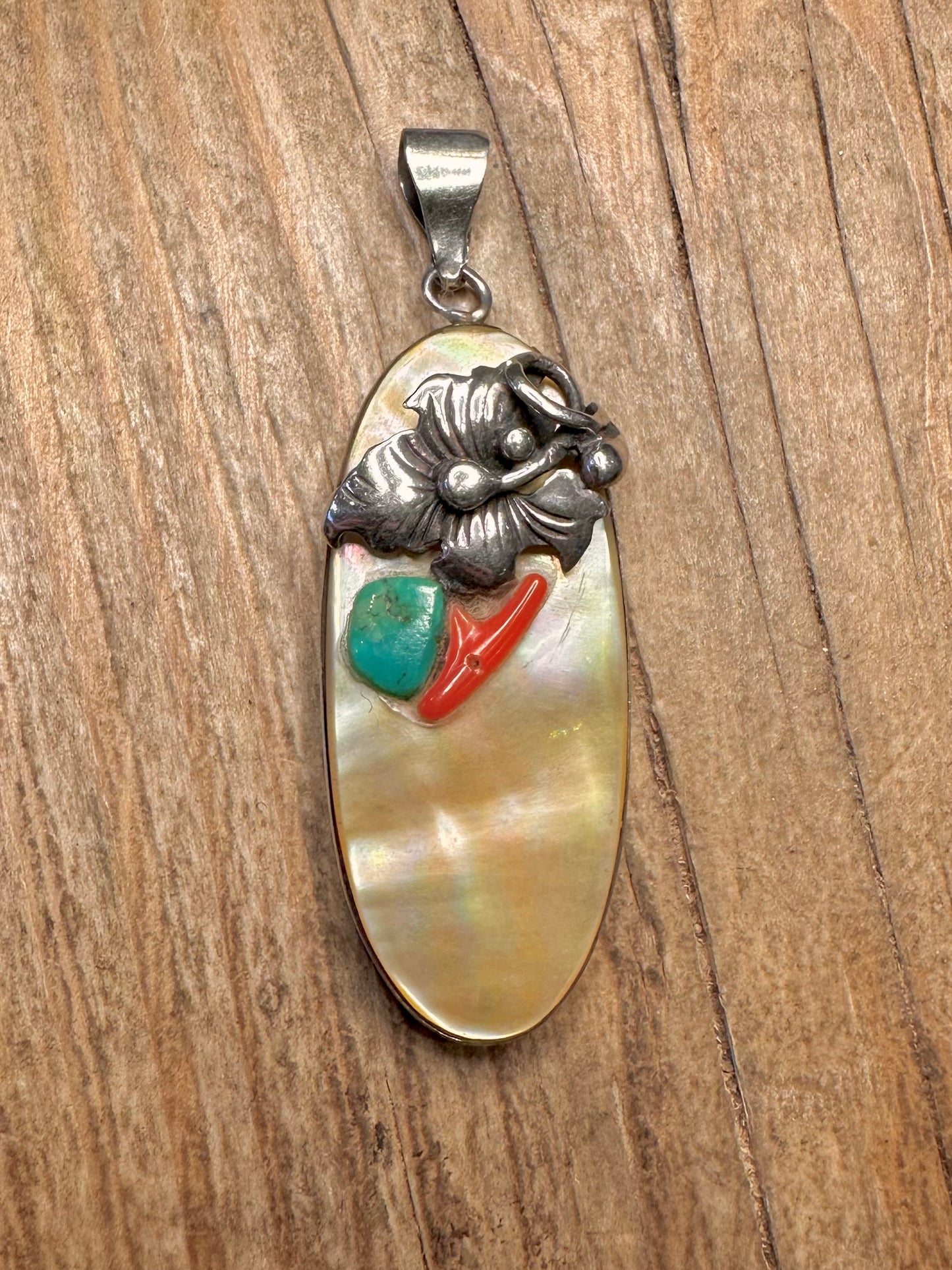 Vintage Native American Mother of Pearl Coral and Turquoise Floral 925 Sterling Silver Pendant