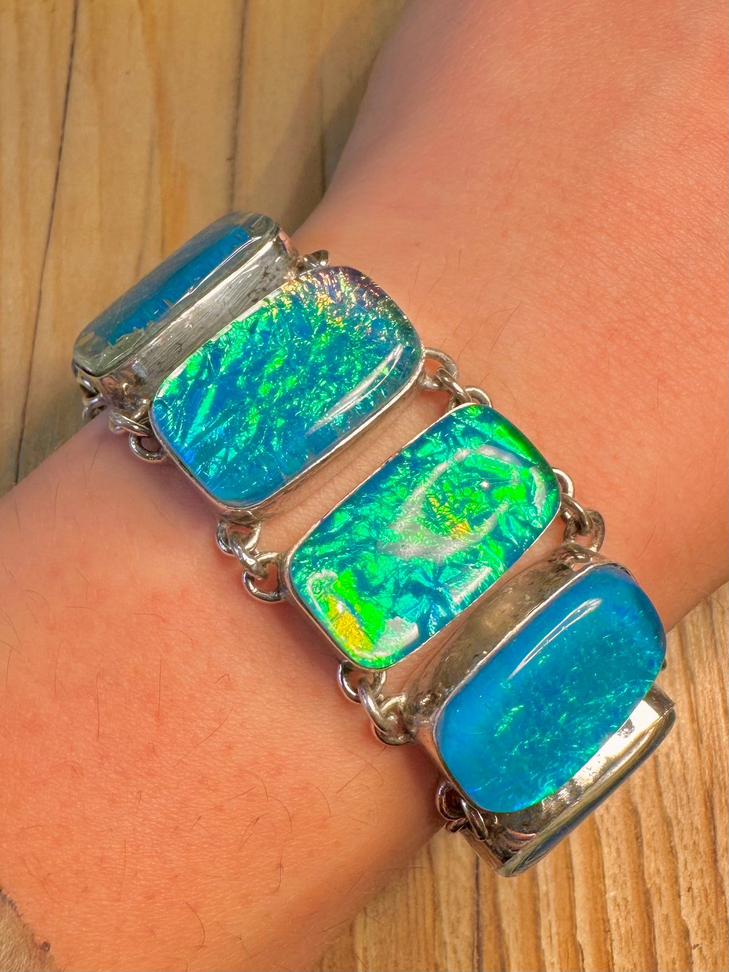 Vintage Blue and Green Reflective 925 Sterling Silver 6 to 7.5 inch Bracelet