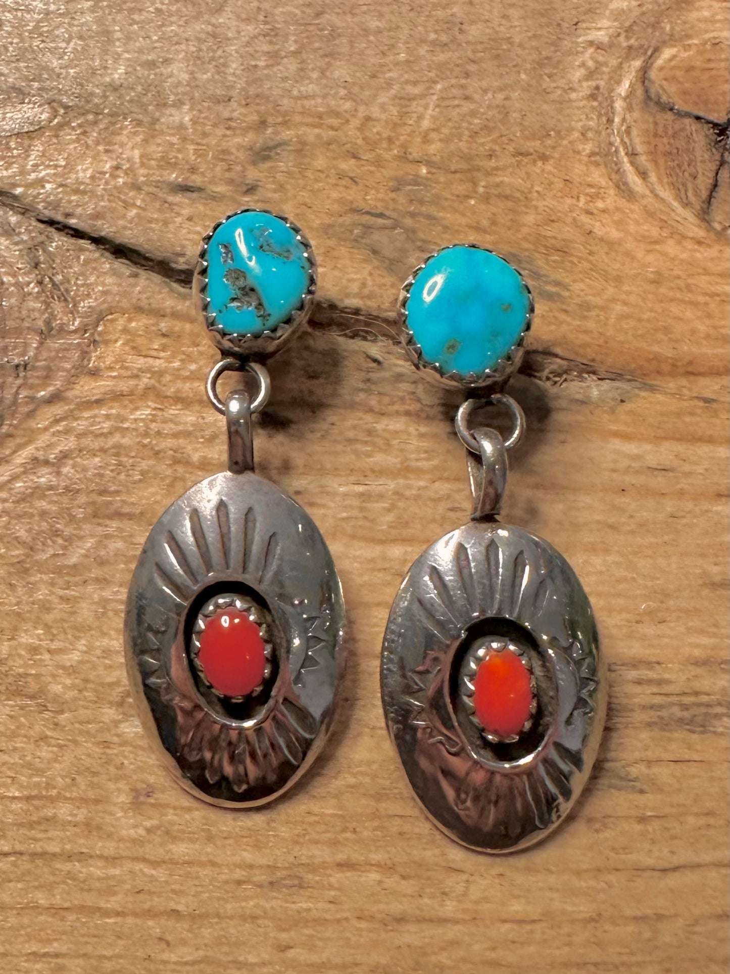 Vintage Native American Turquoise and Coral 925 Silver Earrings