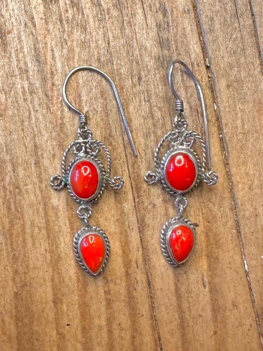 Filigree Red Stone Dangle 925 Sterling Silver Earrings
