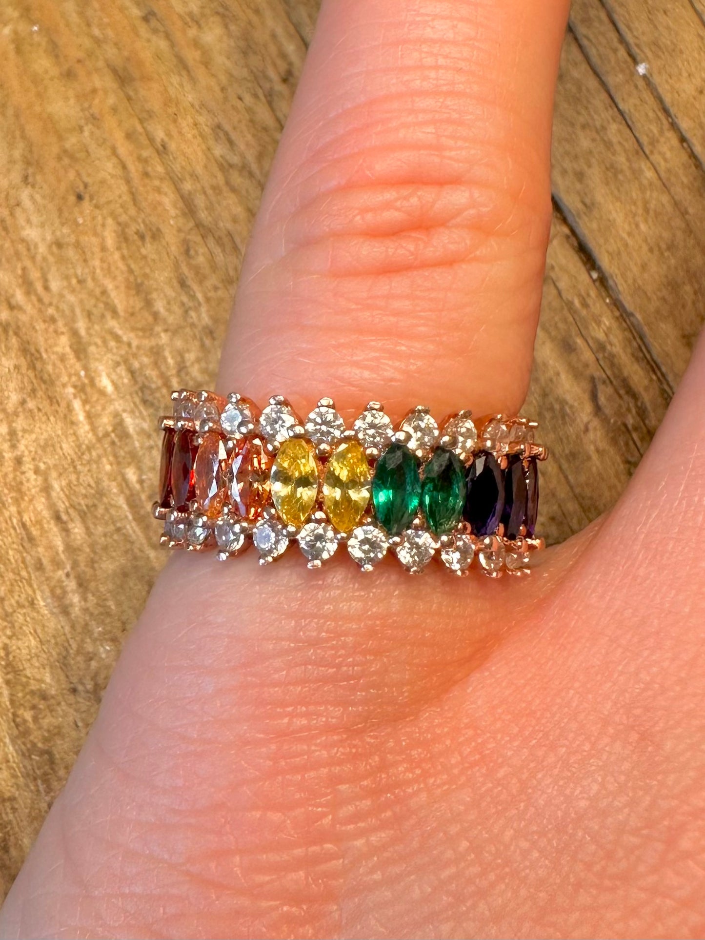 Rose Gold Multi Coloured CZ Band 925 Sterling Silver Size N1/2 Ring