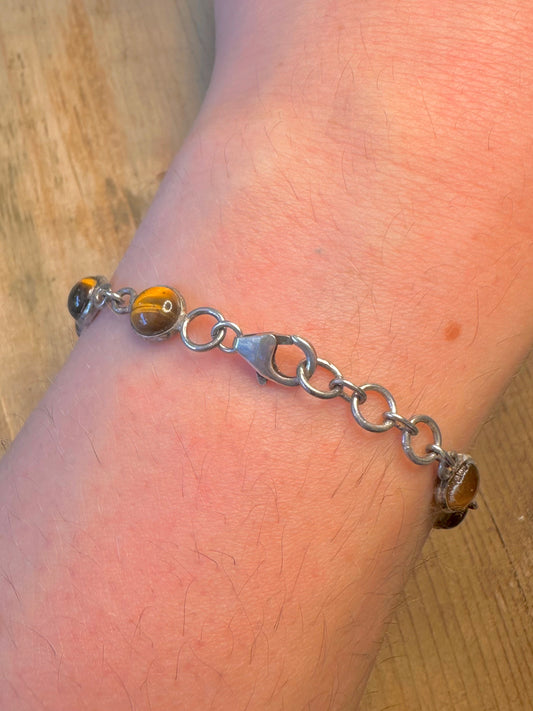 Tigers Eye Circle Link 925 Sterling Silver 7.5 inch Bracelet