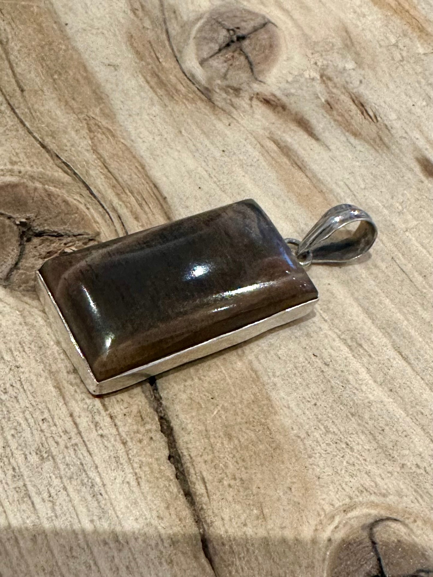 Vintage Brown Agate Rectangle 925 Silver Pendant