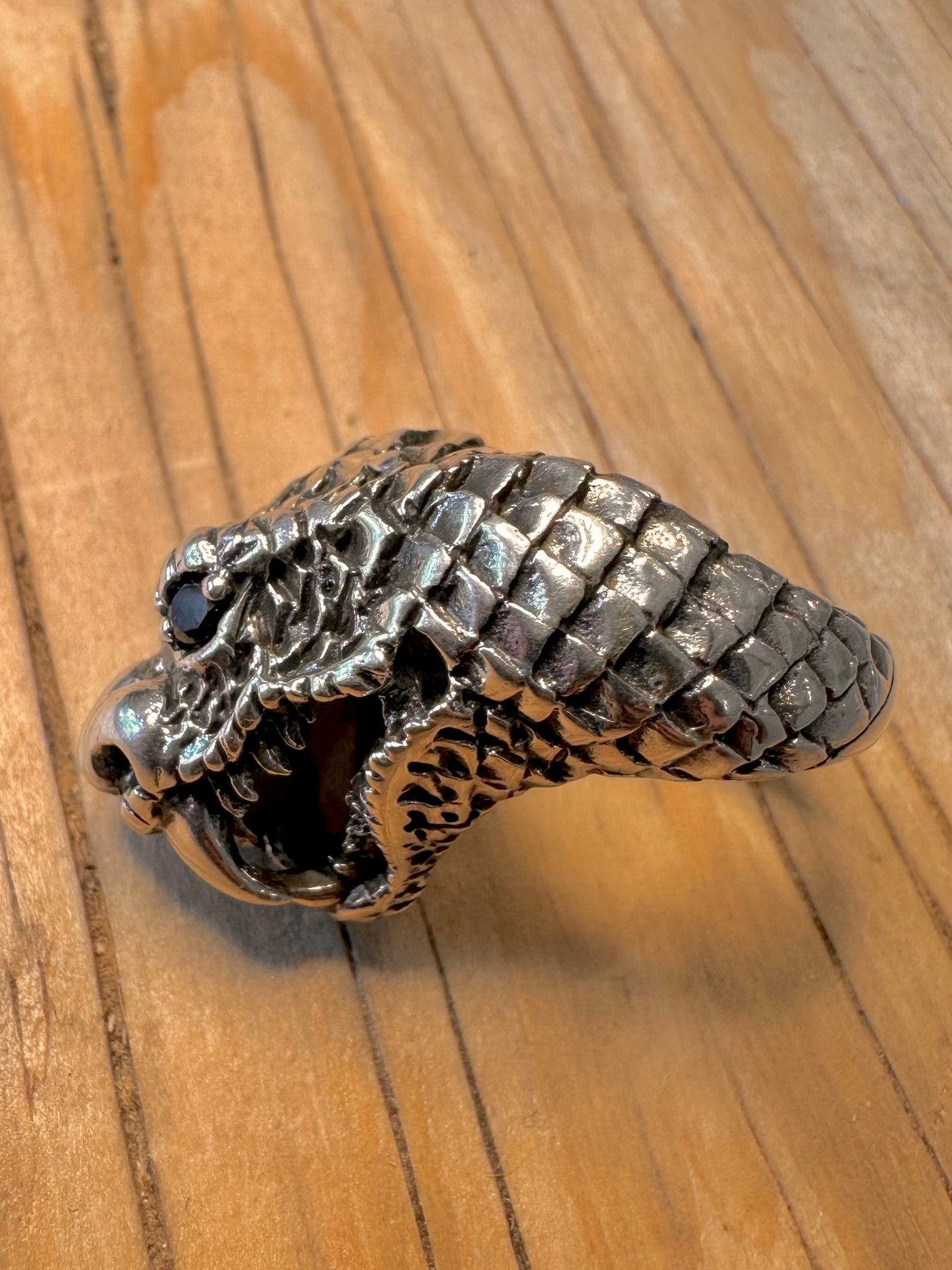Vintage Large Cobra Snake Black Stone Eye 925 Silver Size P1/2 Ring
