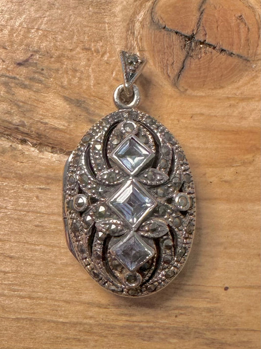 Modern 2001 Blue Topaz and Marcasite 925 Silver Locket Pendant