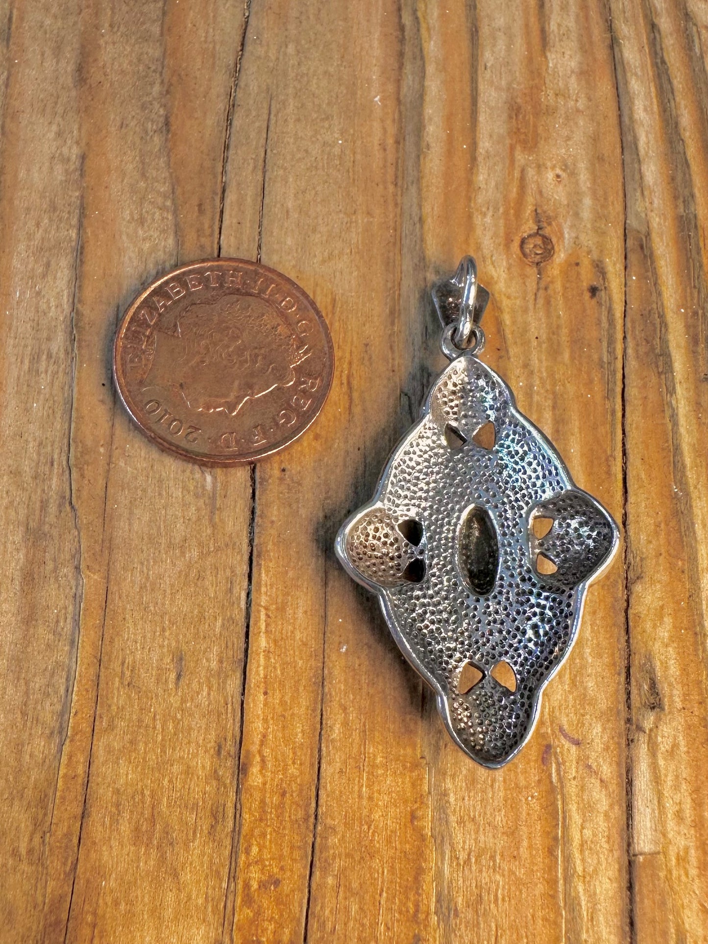 Art Deco Mother of Pearl and Marcasite Ornate 925 Sterling Silver Pendant
