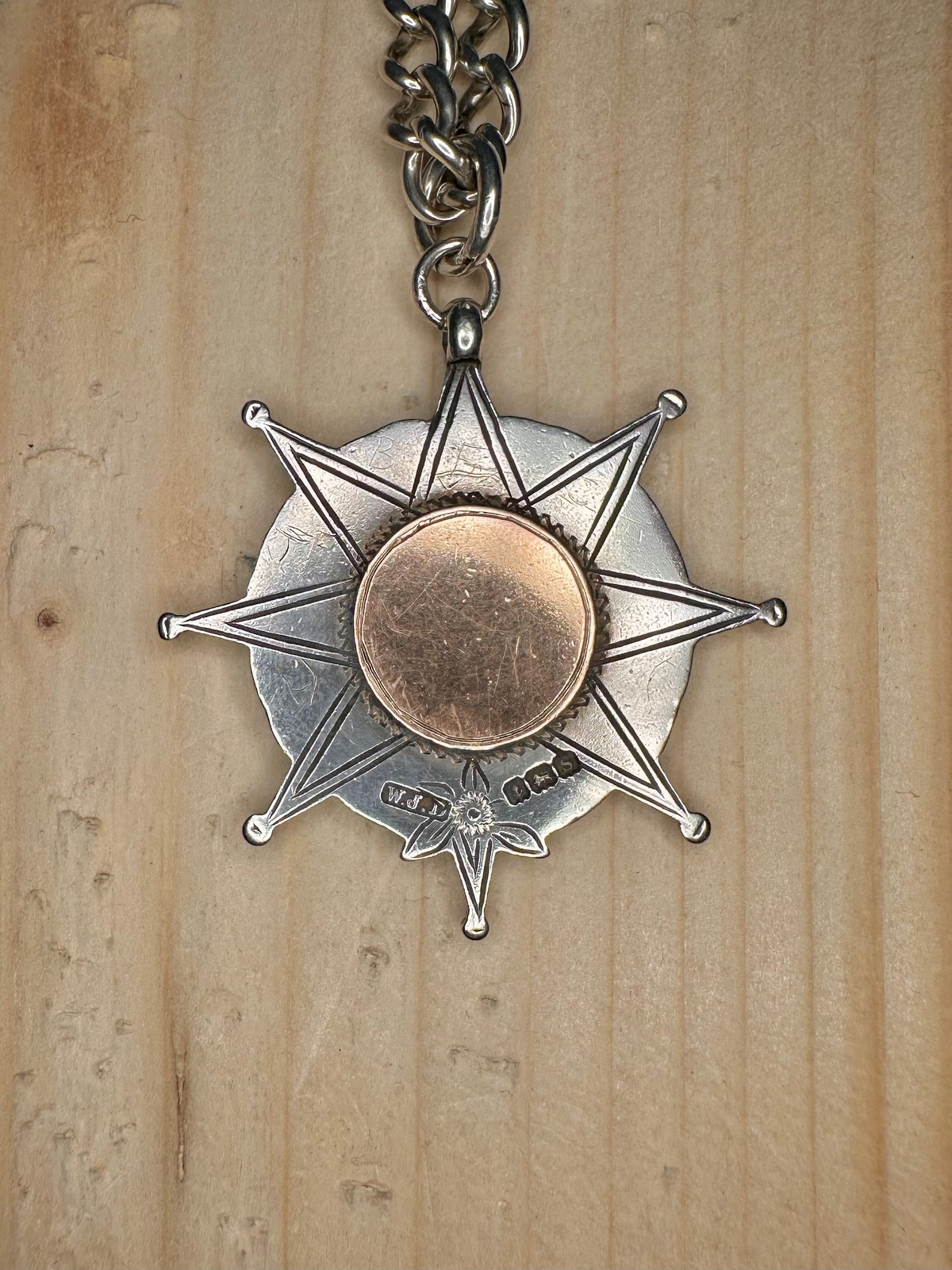 Star & Laurel Fob Medal 1967 Maker WJD Hallmarked 925 Sterling Silver 20.25 inch Pendant Necklace