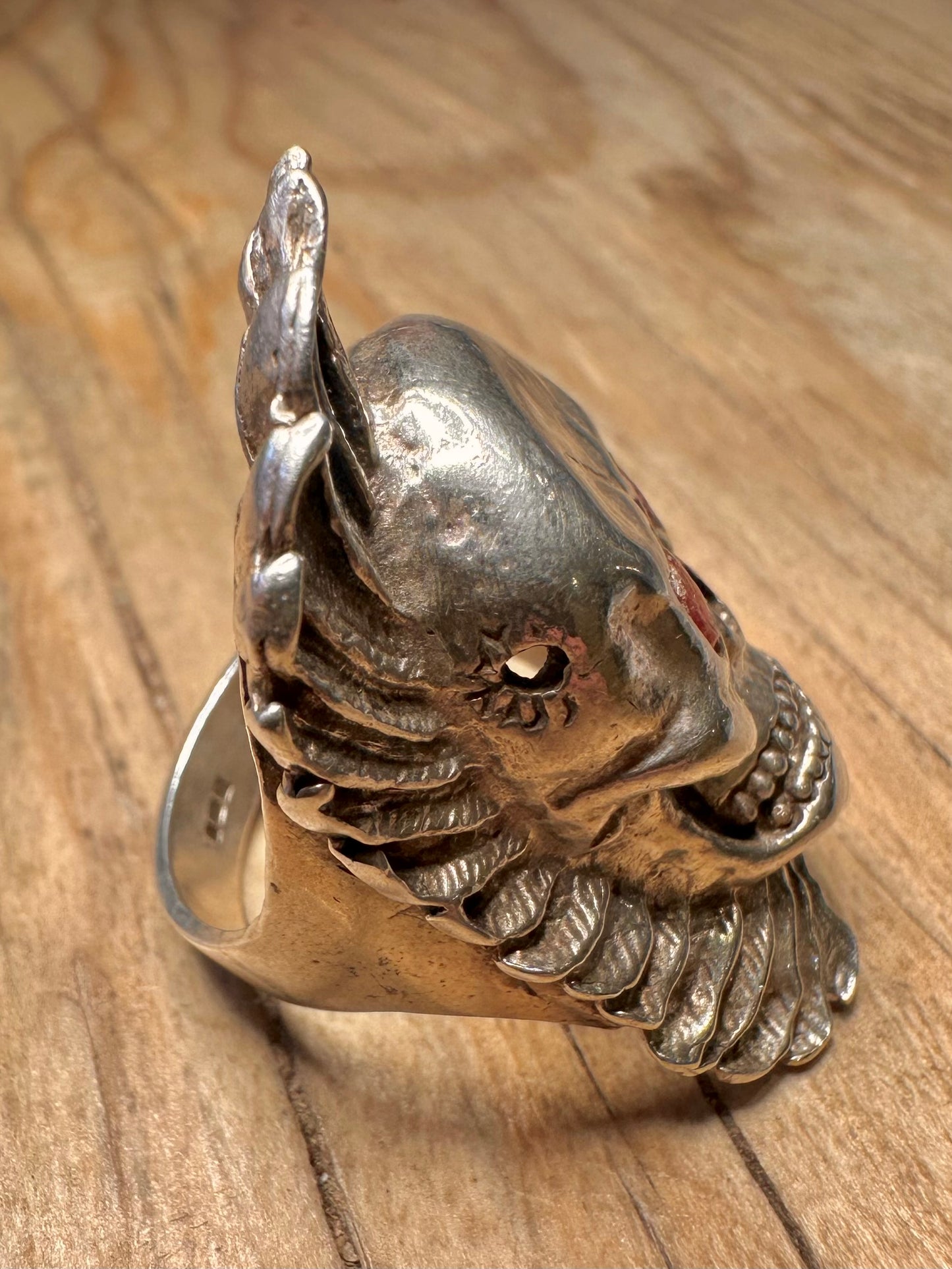 Vintage Large Skull Wing Red Stone Eyes 925 Sterling Silver Size V1/2 Ring