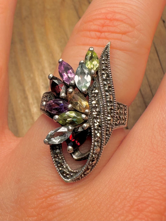 Vintage Multi Gemstone and Marcasite 925 Sterling Silver Size P1/2 Ring