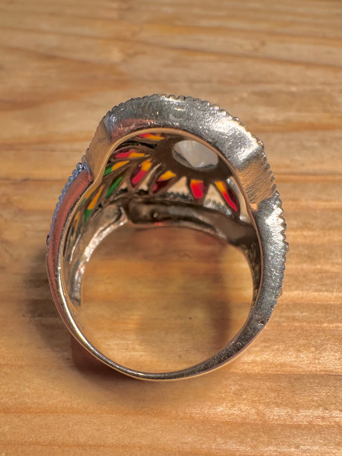 Vintage Moonstone Multi Coloured Stones and Marcasite Floral 925 Sterling Silver Size R Ring