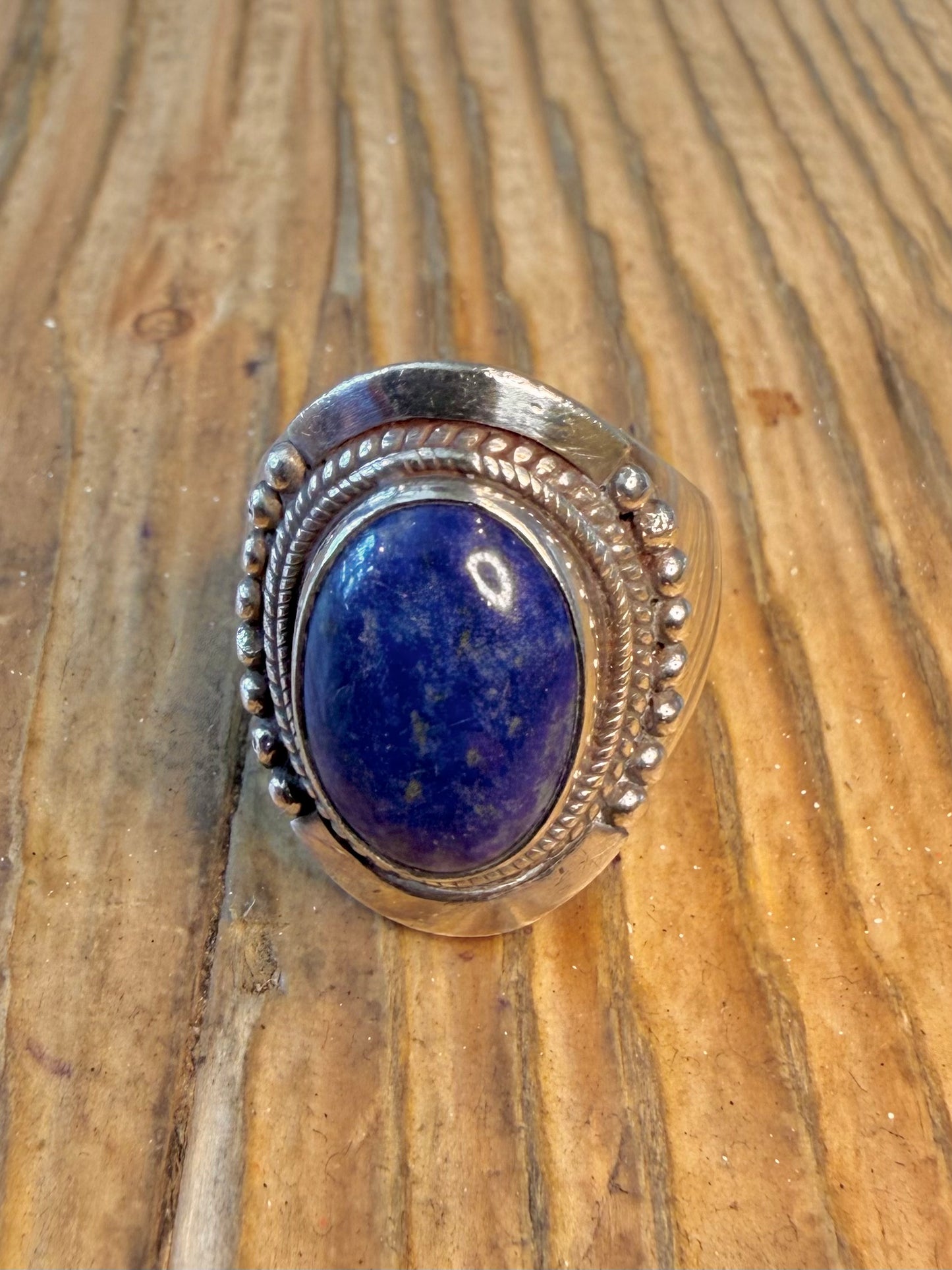 Lapis Lazuli Beaded Trim 925 Sterling Silver Size O Ring