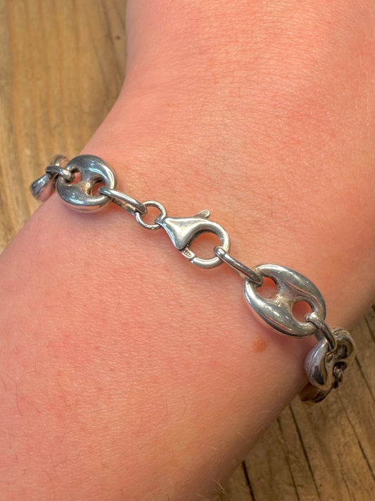 Modernist Coffee Bean Link Maker Birks 925 Sterling Silver 7.8 inch Bracelet