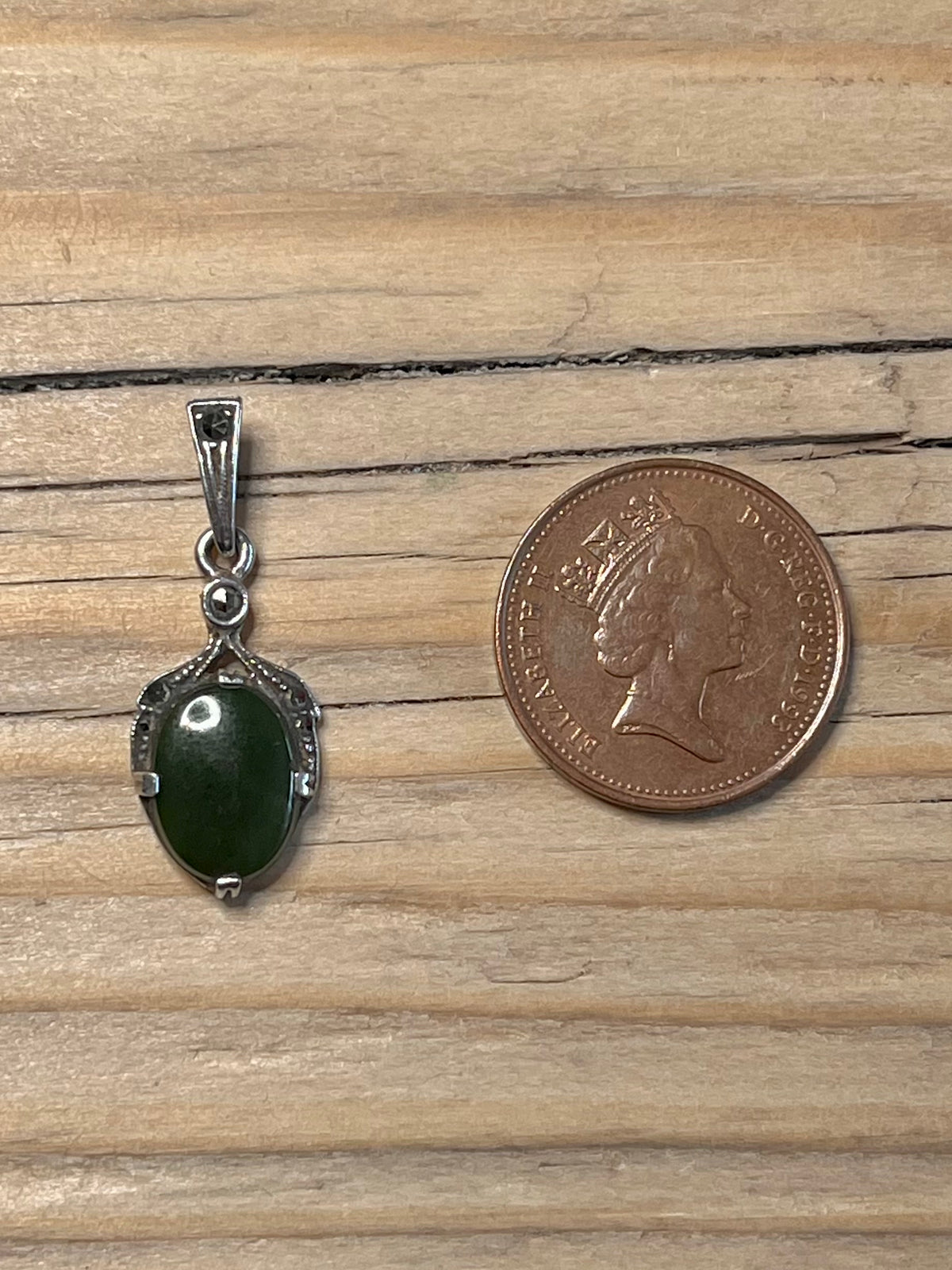 Dark Green Oval Jade and Marcasite 925 Sterling Silver Pendant
