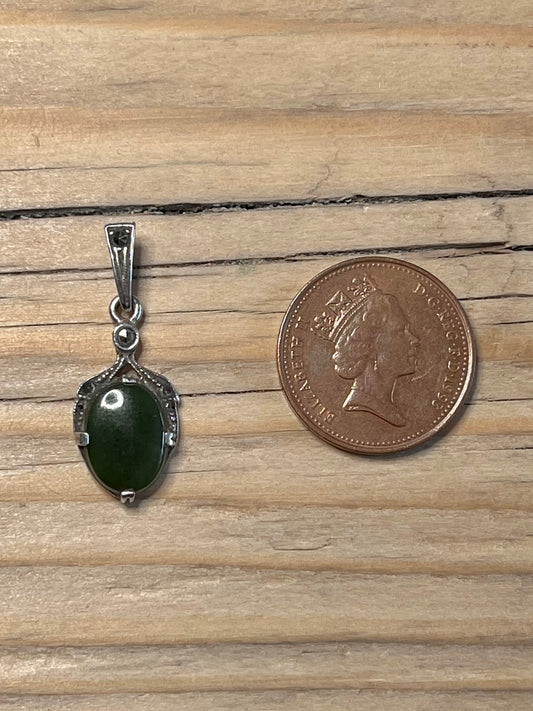 Dark Green Oval Jade and Marcasite 925 Sterling Silver Pendant