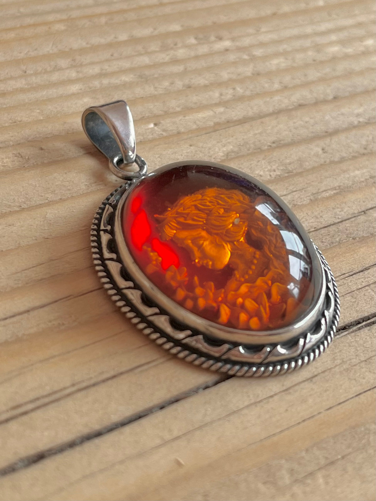 Large Oval Amber Flower Girl 925 Sterling Silver Pendant
