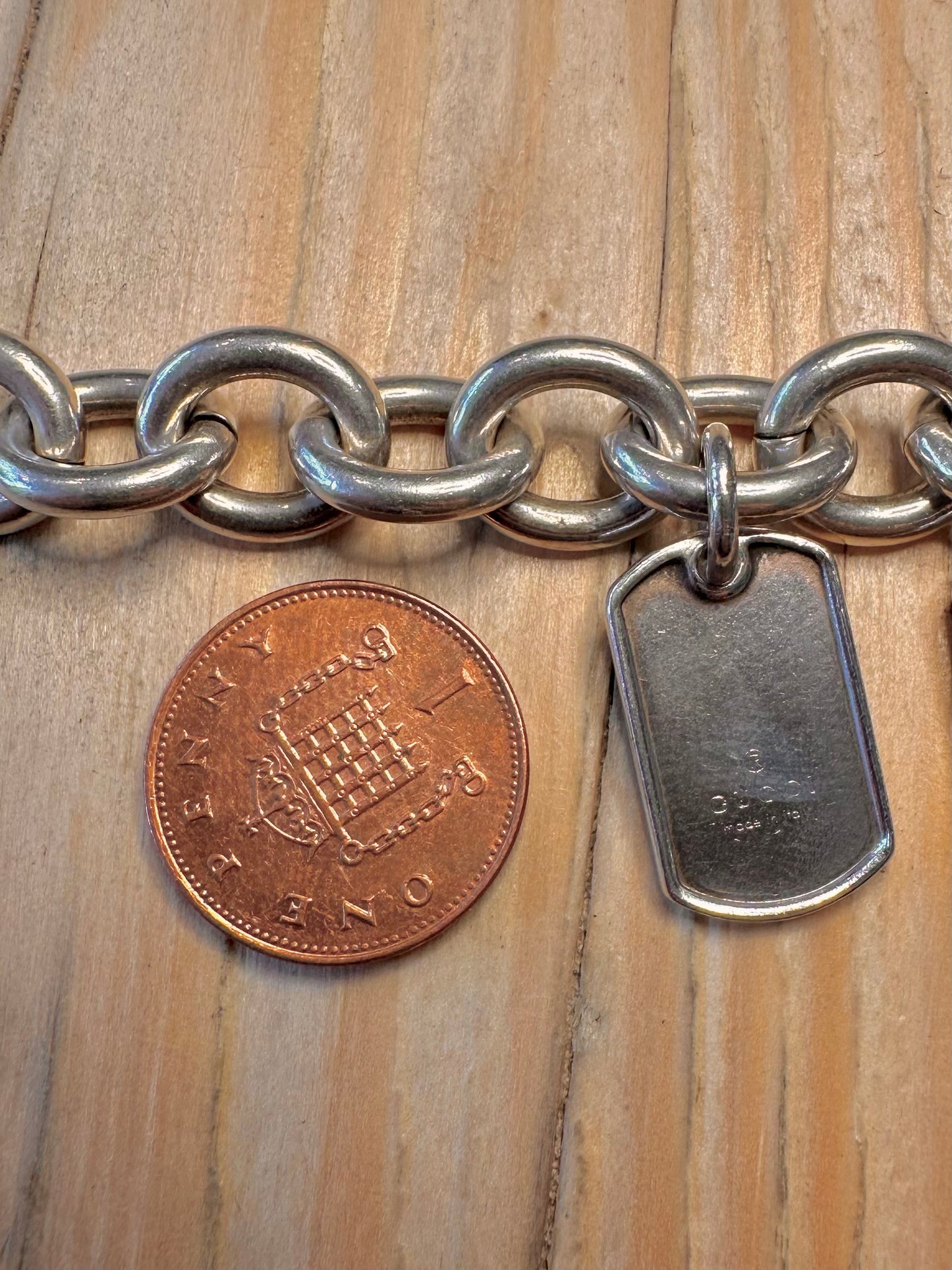 Vintage GUCCI Link Double Dog Tag Style 925 Silver 8.3 inch Bracelet