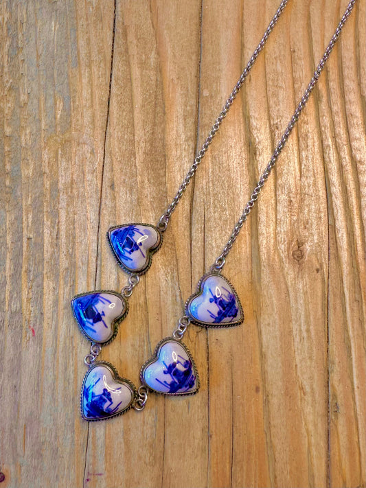 Dutch Blue Delft Heart Shaped Belcher Chain 925 Sterling Silver 16.8 inch Necklace