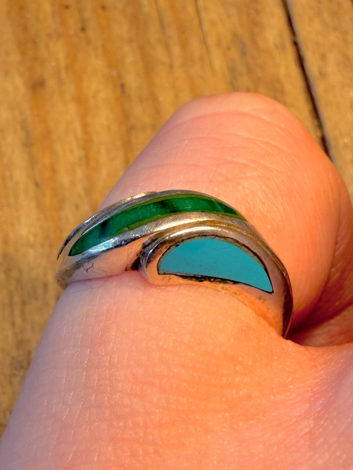 Malachite and Turquoise Inlay 925 Sterling Silver Size J1/2 Ring