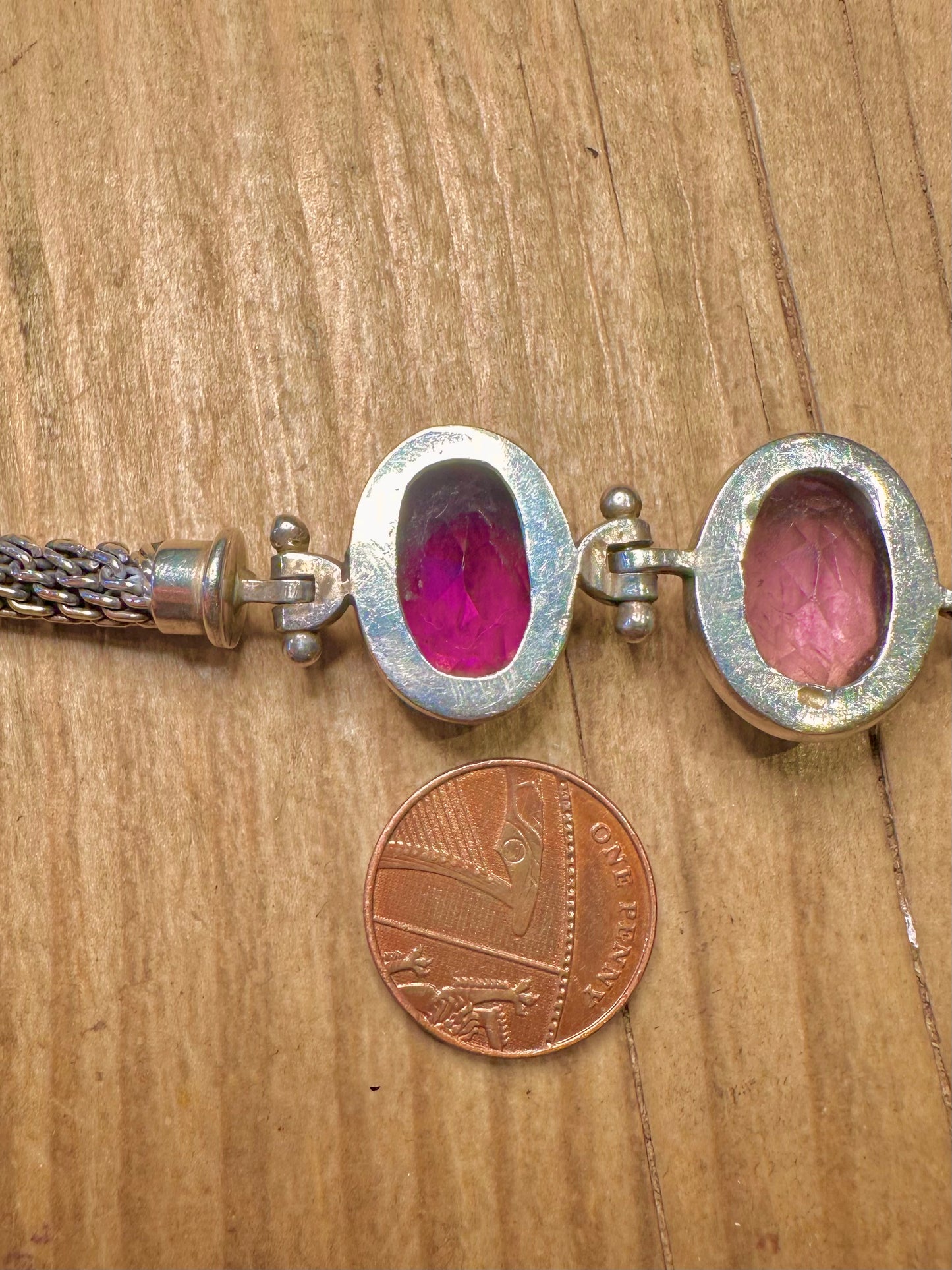 Vintage Three Faceted Amethyst Woven Chain T Bar 830 Silver 7.6 to 8.3 Inch Bracelet