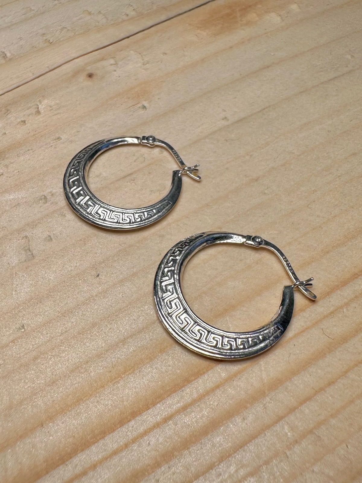 Engraved Greek Hoop 925 Sterling Silver Earrings