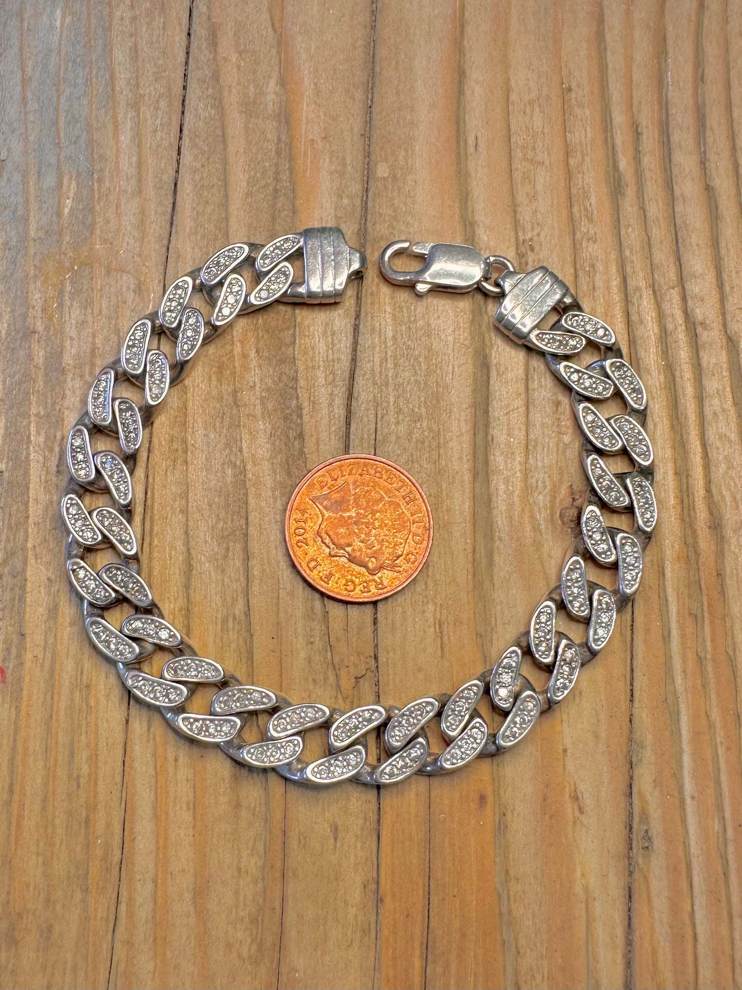 Curb Chain CZ White Stones 925 Sterling Silver 8.5 inch Bracelet