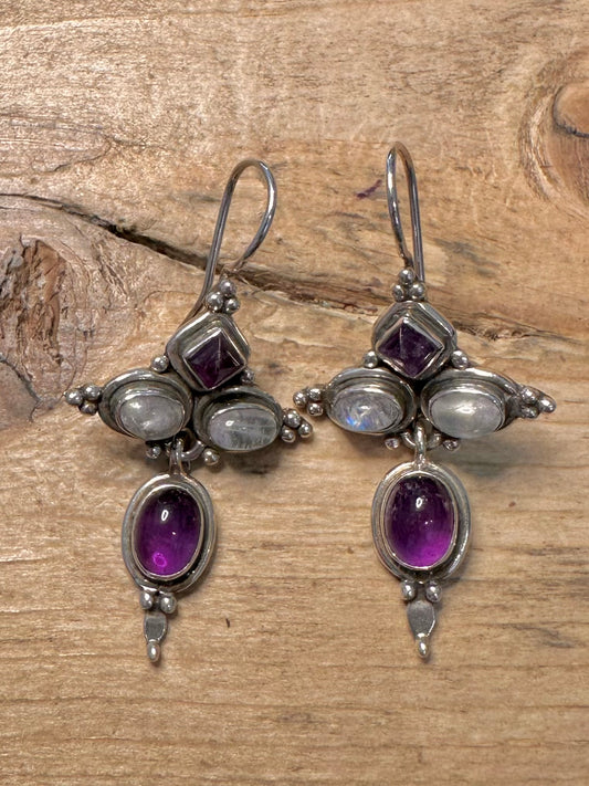 Vintage Amethyst and Moonstone 925 Silver Earrings