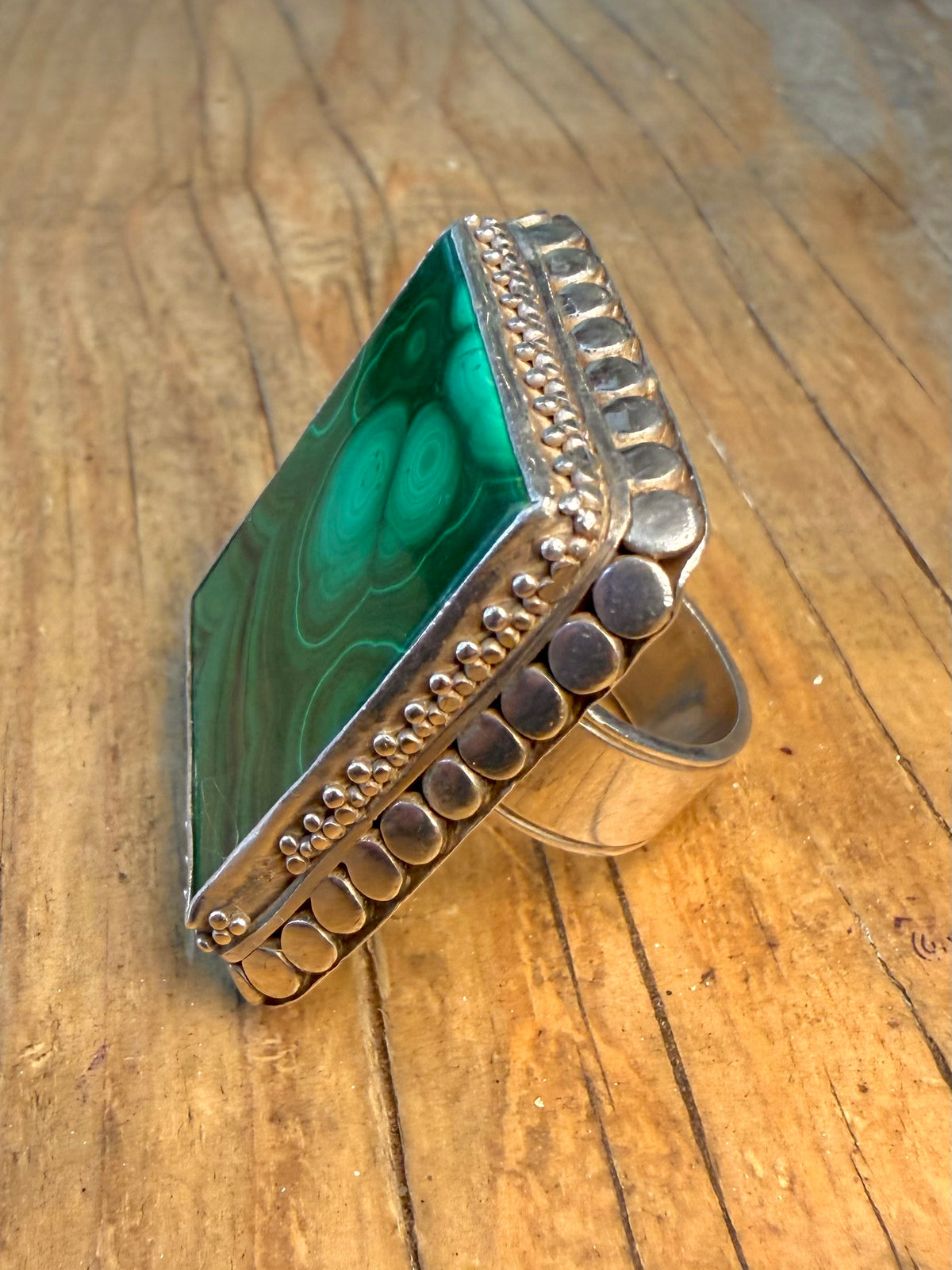 Large Rectangle Malachite Boho Border 925 Sterling Silver Size T1/2 Ring