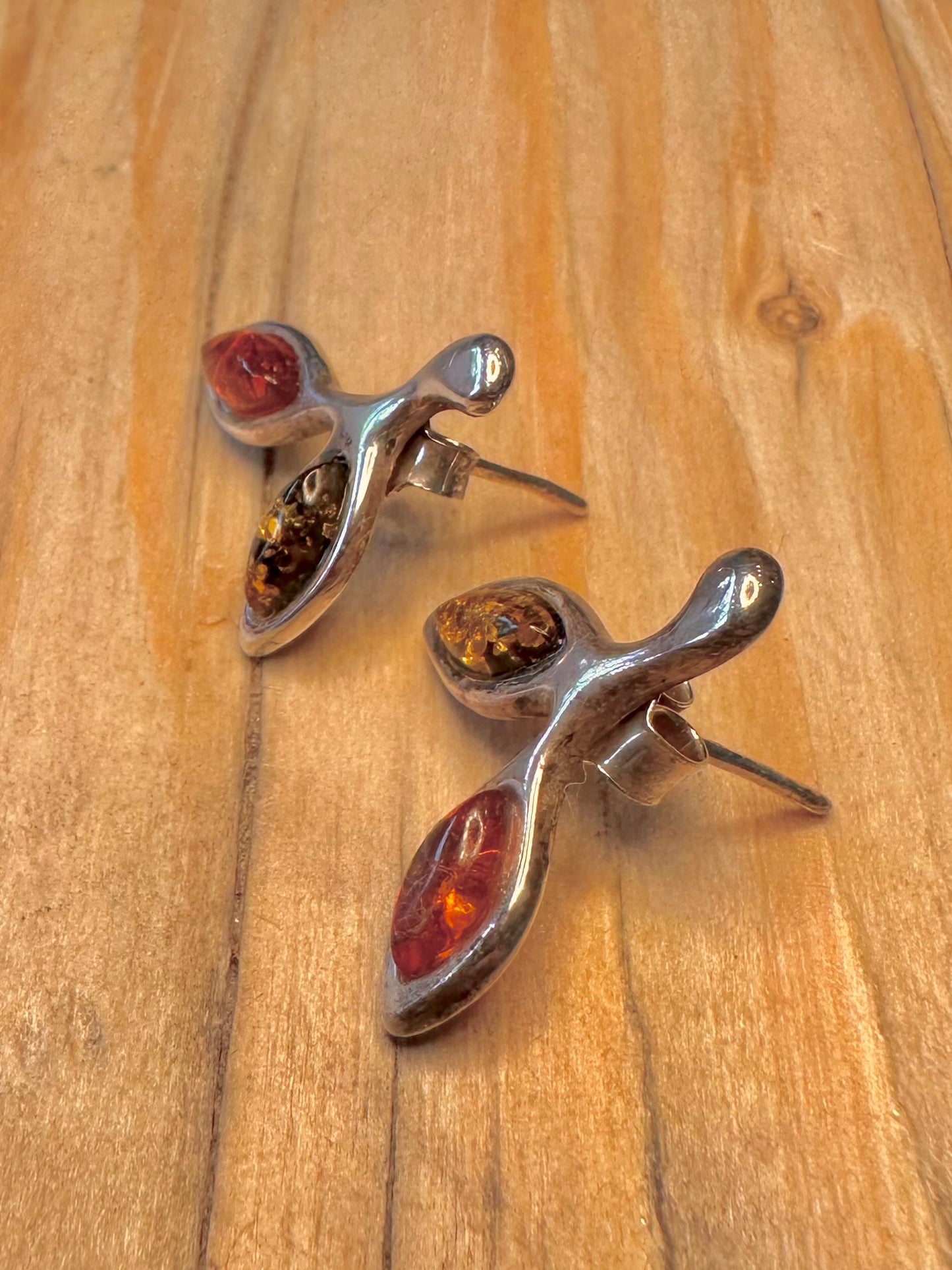 Vintage Abstract Amber 925 Silver Earrings