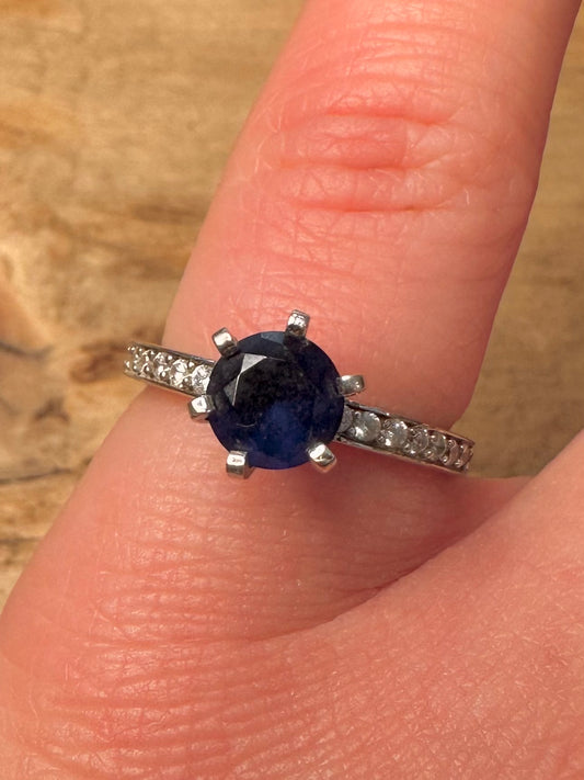 Vintage Blue Stone and White CZ 925 Silver Size M1/2 Ring
